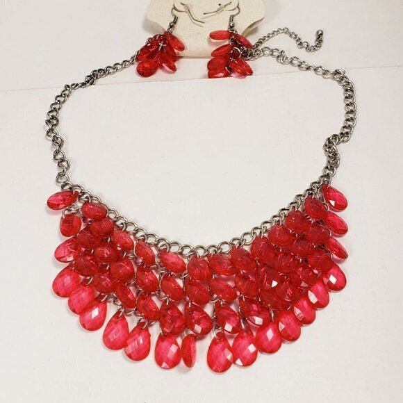 Women's Stunning Silver tone & Red Pink Beaded Necklace - Cluster beads Earrings - Picture 1 of 8